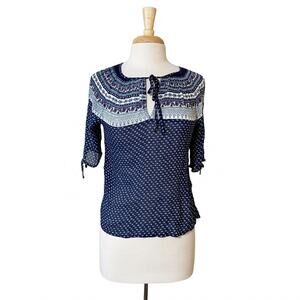 Lucky Brand Women's Navy Blue Hippie Boho 3/4 Sleeve Blouse Shirt Top Size Small